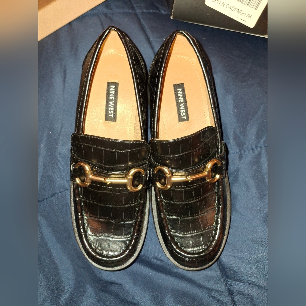 Nine West Black Croc-Embossed Loafers with Gold Hardware
